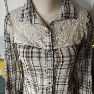 Free People Lace Yoke Plaid Shirt Lace Coasta Cowgirl Boho Hippie Western